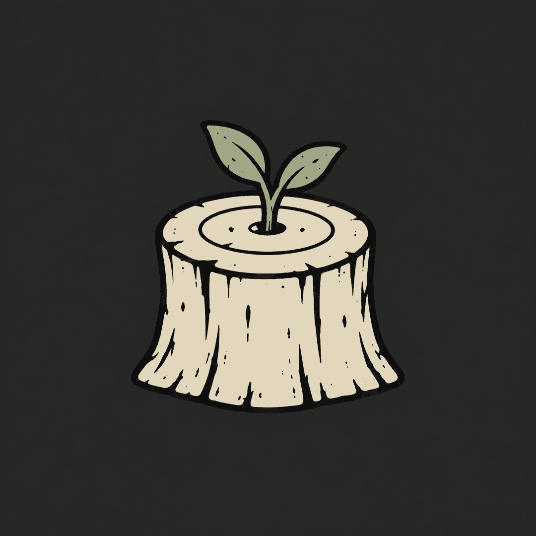 ROOT, an illustrated stump with a new sprout